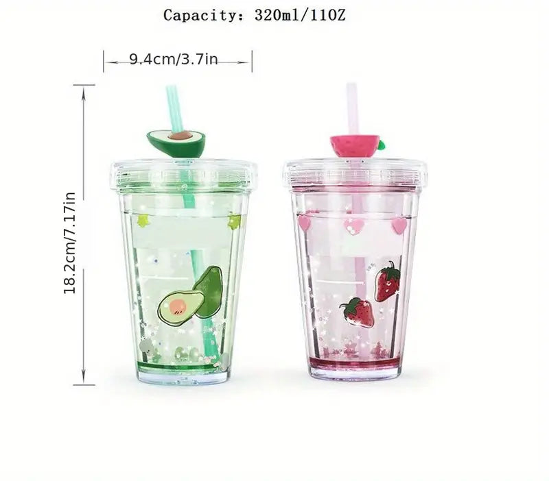 Kawaii Double Wall Glitter Water Bottle with Straw (11oz)