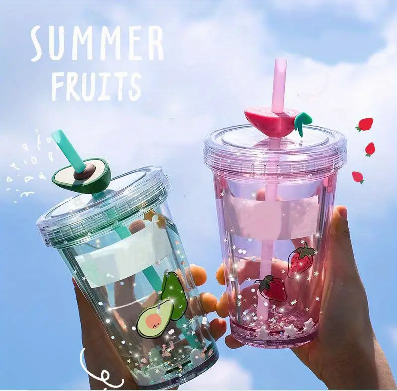 Kawaii Double Wall Glitter Water Bottle with Straw (11oz)