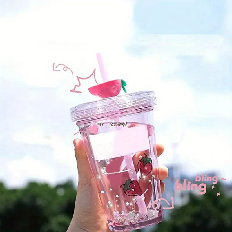 Kawaii Double Wall Glitter Water Bottle with Straw (11oz)