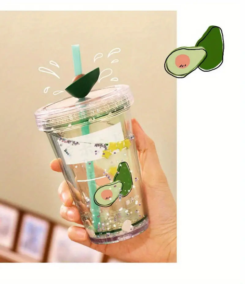 Kawaii Double Wall Glitter Water Bottle with Straw (11oz)