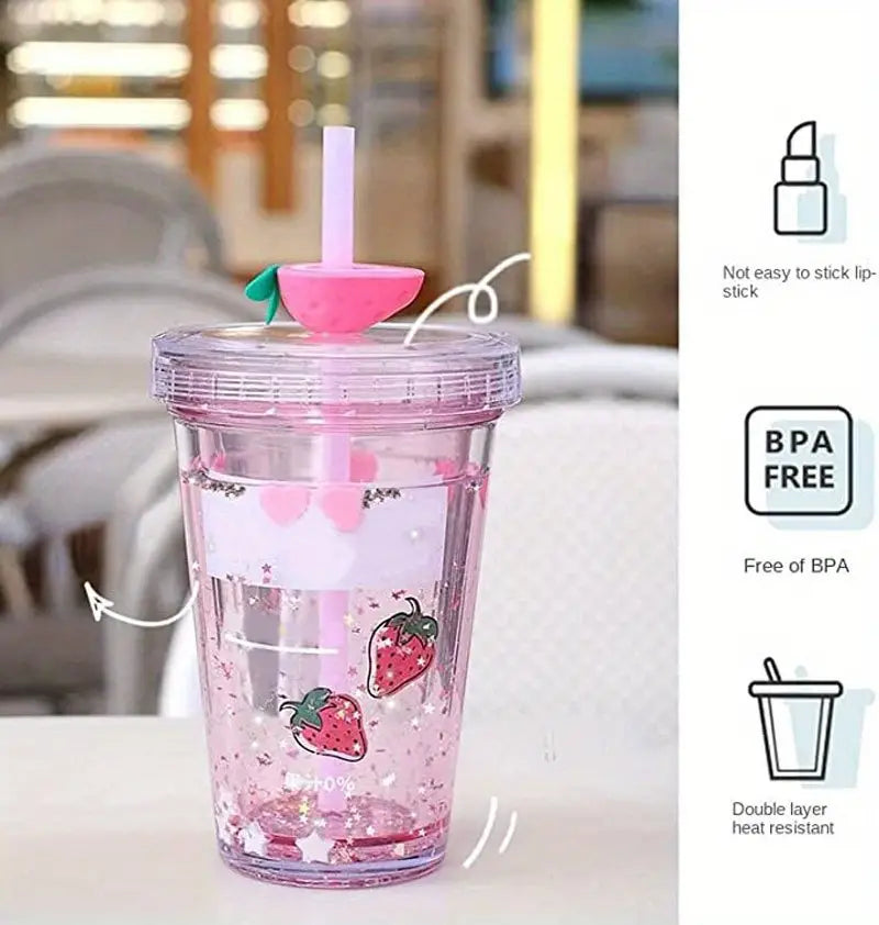 Kawaii Double Wall Glitter Water Bottle with Straw (11oz)
